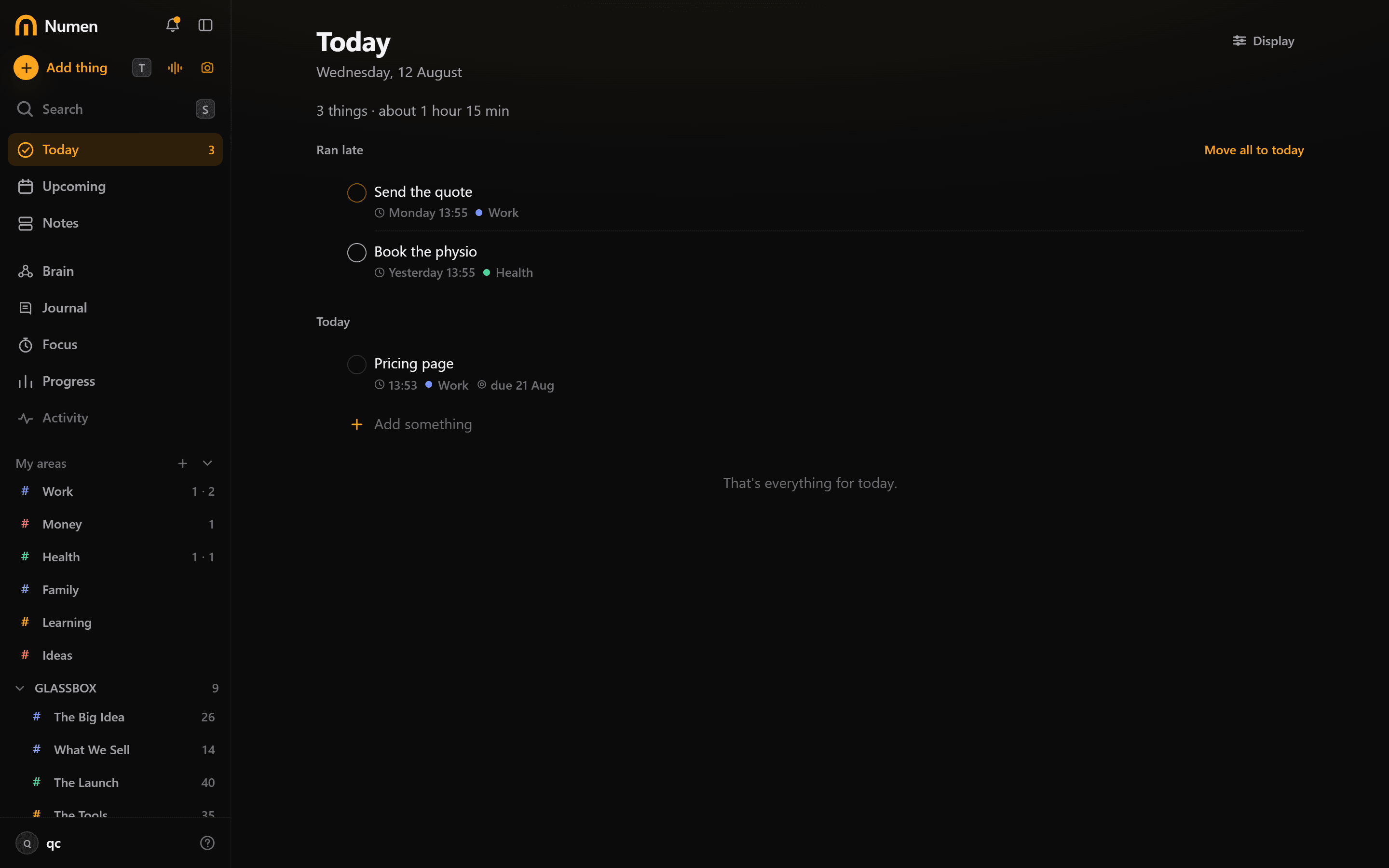 Numen on a desktop, showing Today